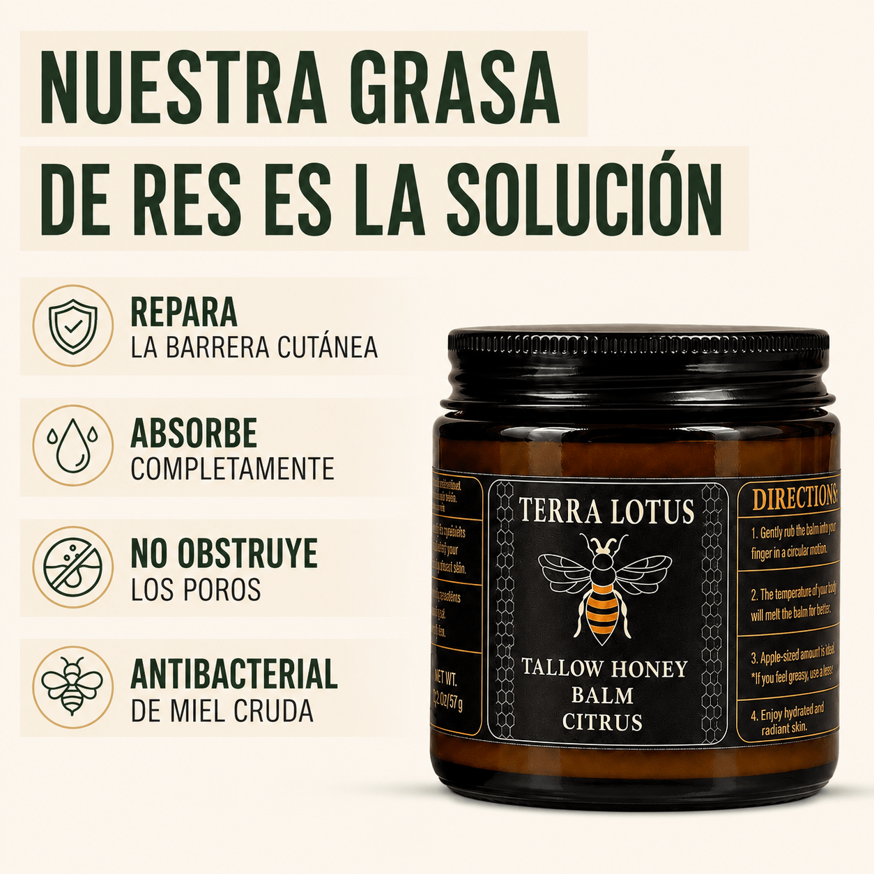 Terra Lotus® - Bálsamo de Sebo de Res Orgánica Alimentada con Pasto con Miel Cruda