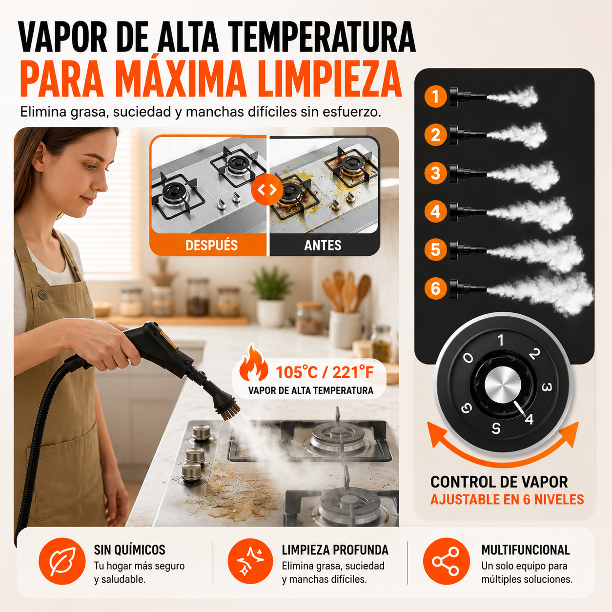 Limpiador a Vapor Portátil + Kit de 10 Piezas, 2500W