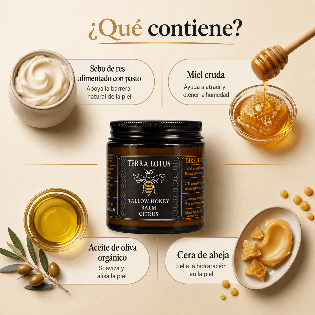Terra Lotus® - Bálsamo de Sebo de Res Orgánica Alimentada con Pasto con Miel Cruda