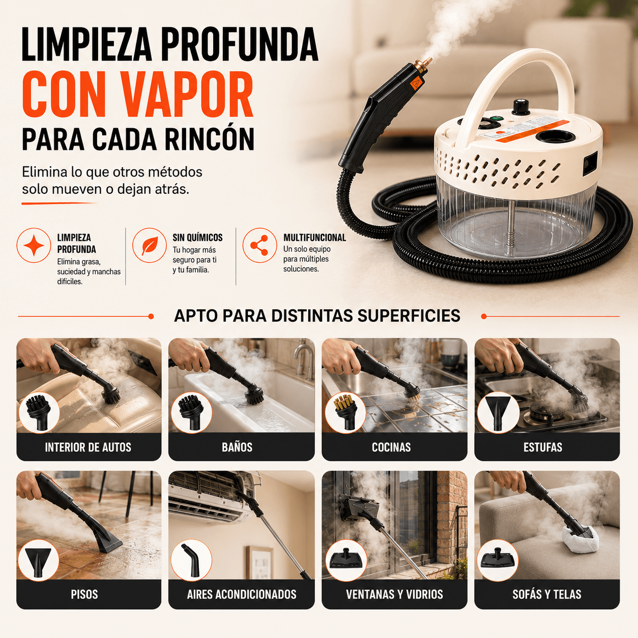 Limpiador a Vapor Portátil + Kit de 10 Piezas, 2500W