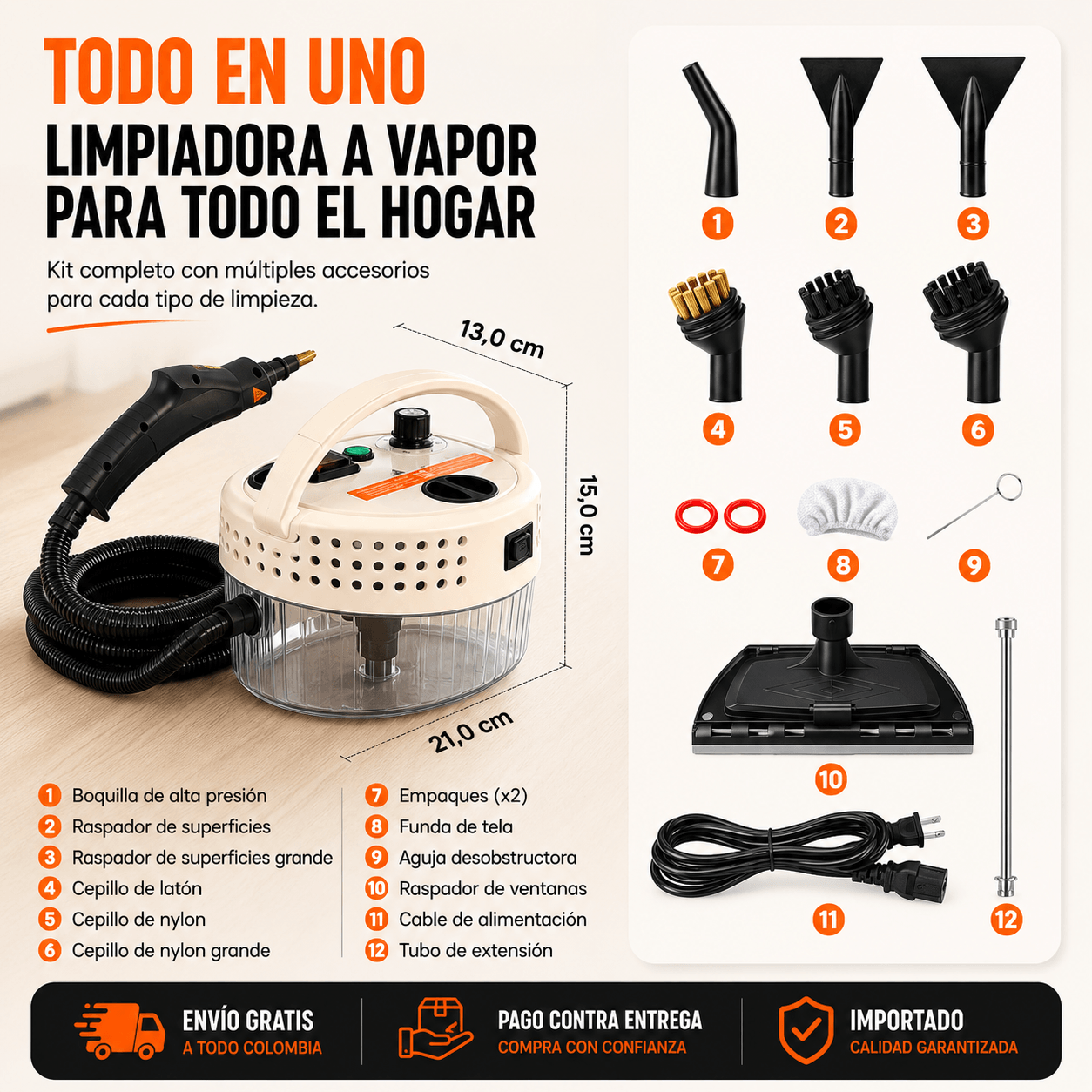 Limpiador a Vapor Portátil + Kit de 10 Piezas, 2500W