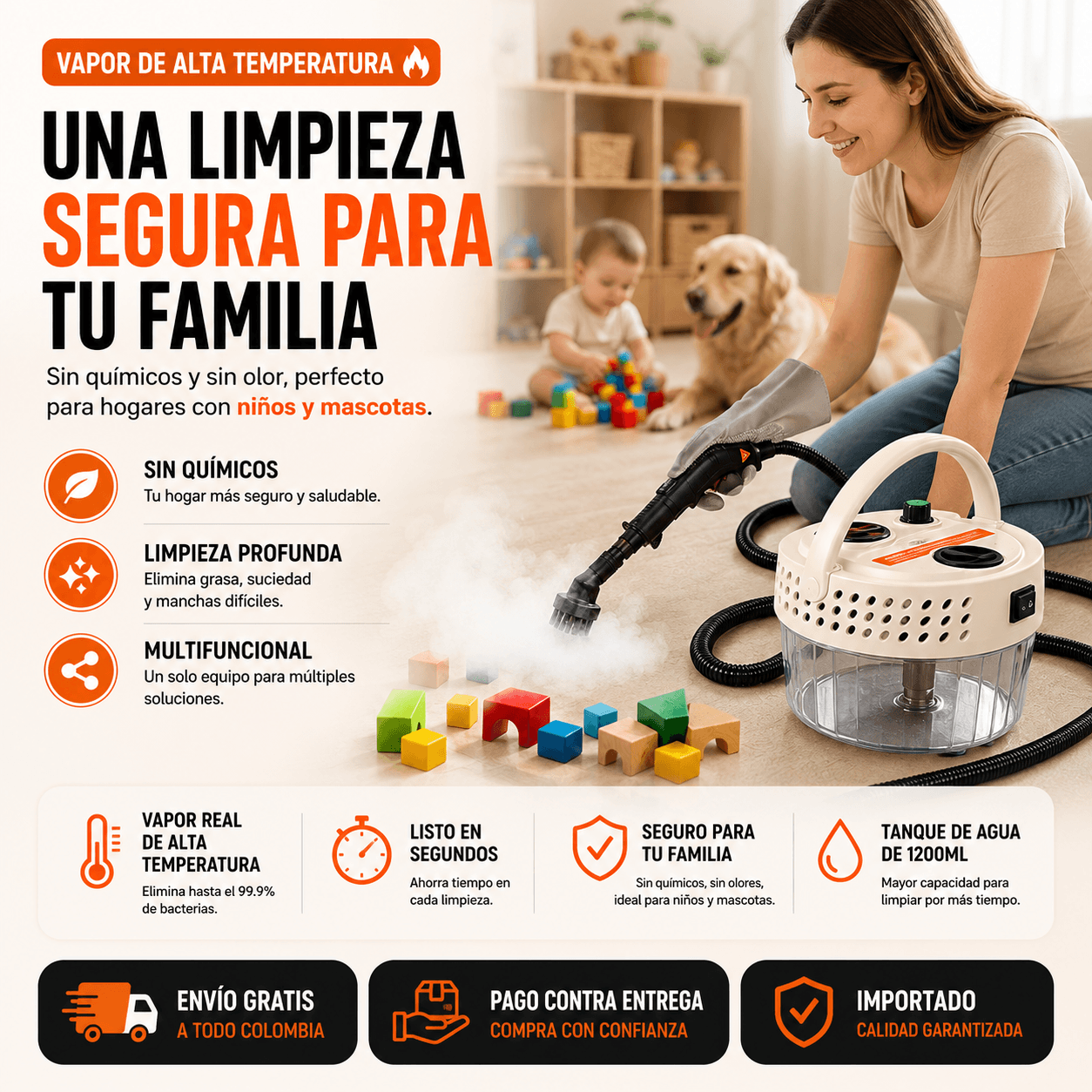 Limpiador a Vapor Portátil + Kit de 10 Piezas, 2500W