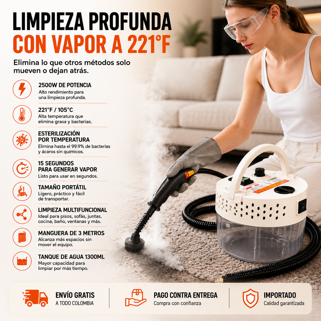 Limpiador a Vapor Portátil + Kit de 10 Piezas, 2500W