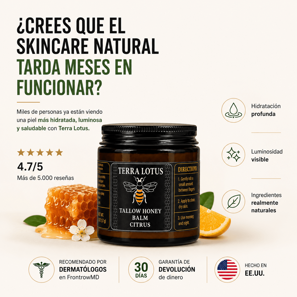 Terra Lotus® - Bálsamo de Sebo de Res Orgánica Alimentada con Pasto con Miel Cruda